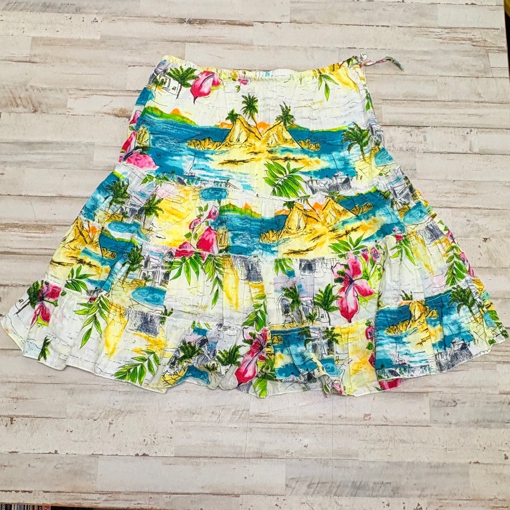 Forbidden Tropical Tiered Flowy Boho Peasant Beach Midi Skirt Large Side Zip
